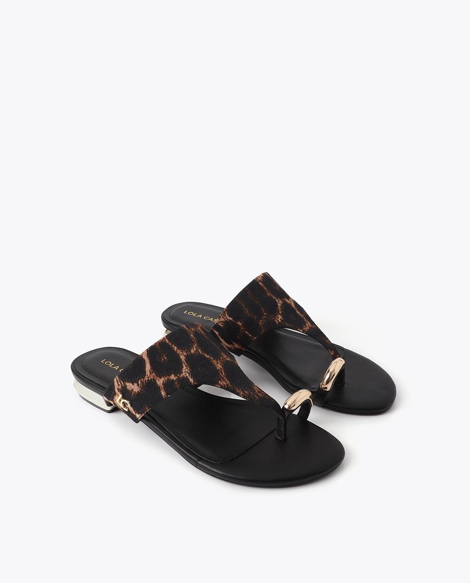 Sandálias de Dedo Animal Print com Aplique Metalizado Bege / Castanho-2