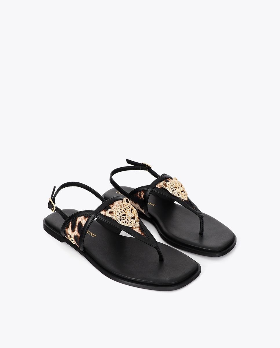 Sandálias de Dedo Animal Print com Aplique Metalizado Castanho / Branco gasto-2