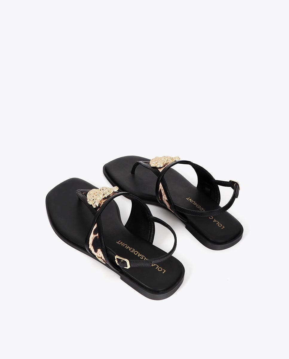 Sandálias de Dedo Animal Print com Aplique Metalizado Castanho / Branco gasto-3