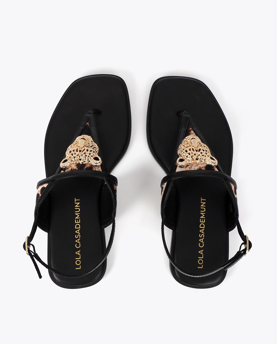 Sandálias de Dedo Animal Print com Aplique Metalizado Castanho / Branco gasto-4