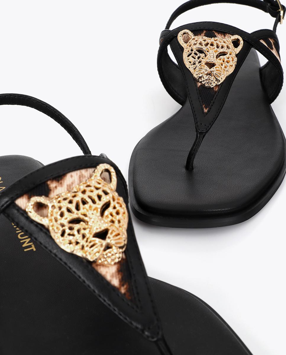Sandálias de Dedo Animal Print com Aplique Metalizado Castanho / Branco gasto-5
