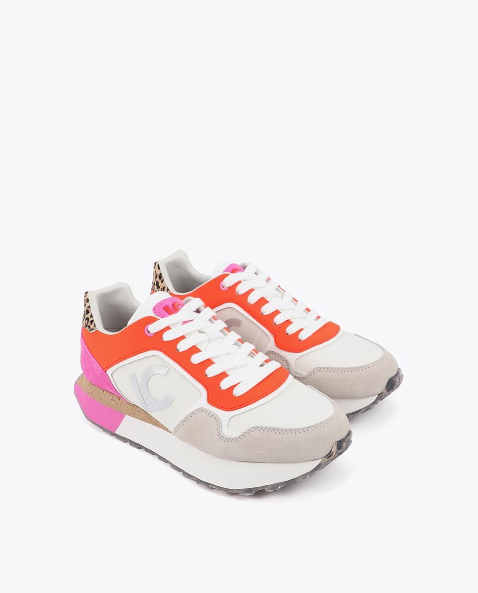 Sapatilhas Plataforma Combinadas com Detalhe Animal Print Branco / Laranja-2