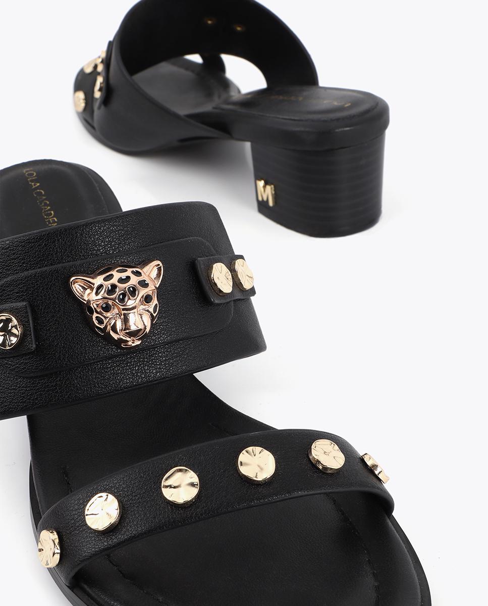 Sandálias de Salto com Aplicação Cabeça de Leopardo e Tachas Preto-6