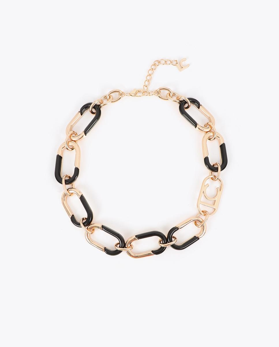 Colar de Corrente Combinada Dourado e Acrílico Preto-1