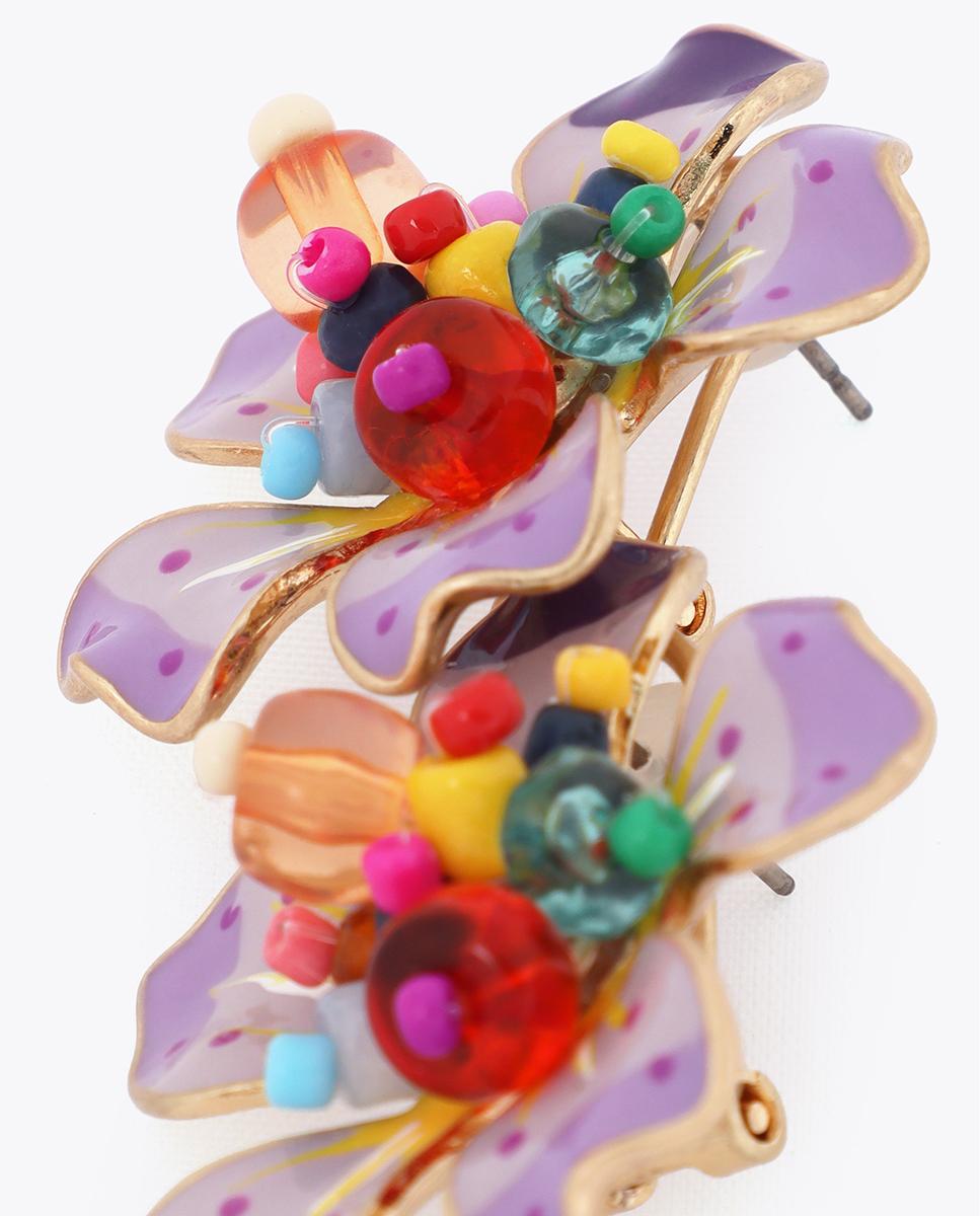 Brincos de Flor Lacada com Abalórios Multicolor Multicolor-5