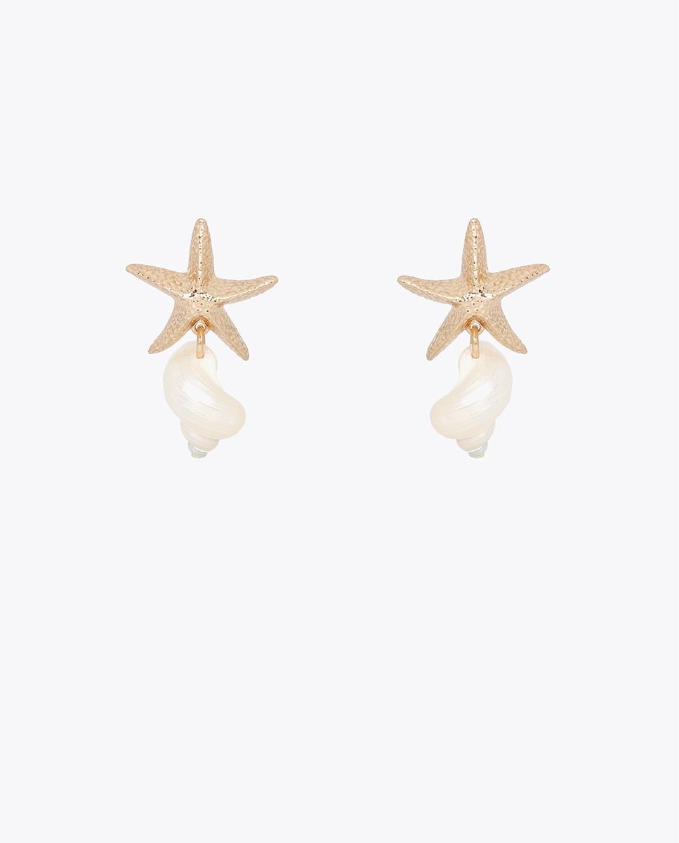 Brincos Grandes Combinados Maxi Estrela Metálica e Búzio Natural Branco-1