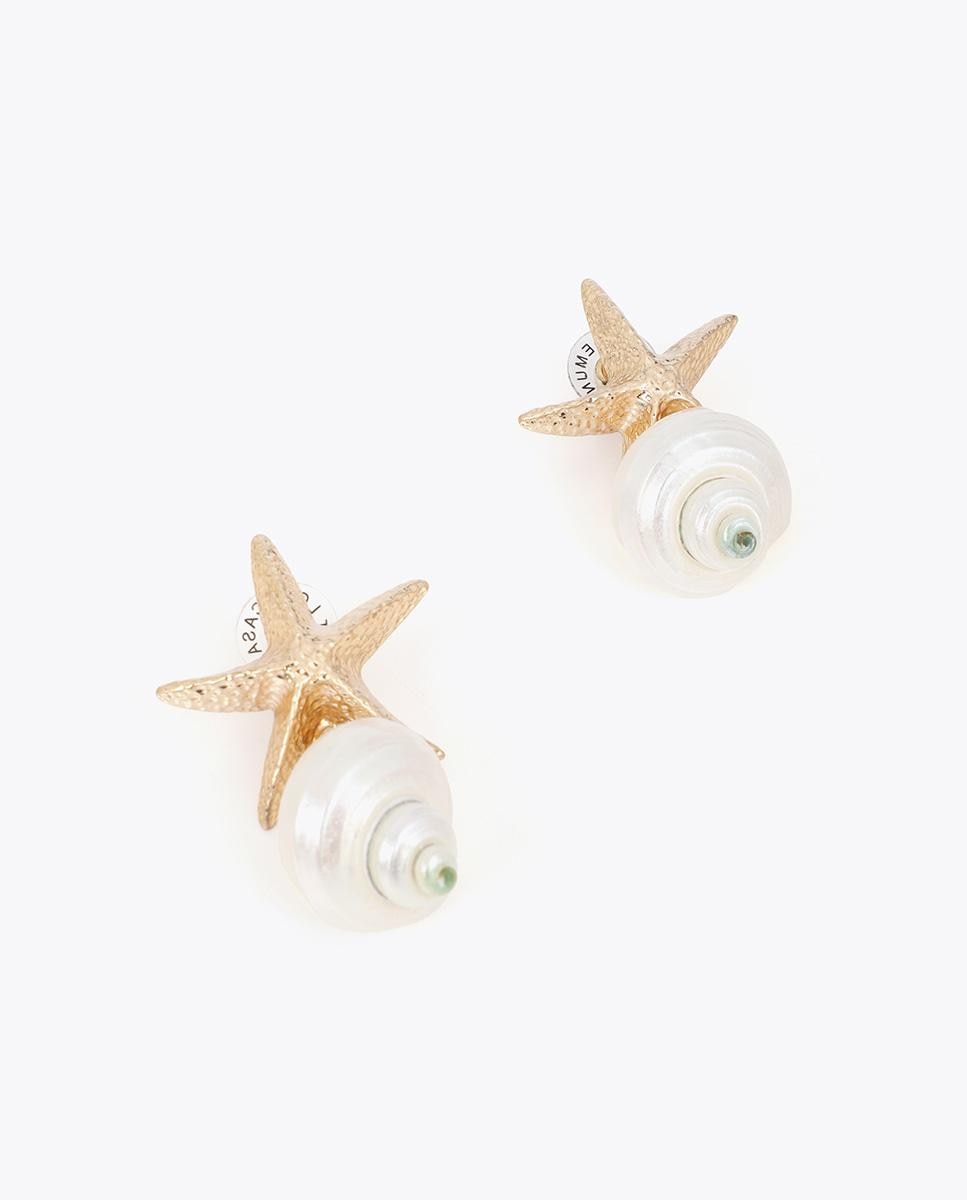 Brincos Grandes Combinados Maxi Estrela Metálica e Búzio Natural Branco-2