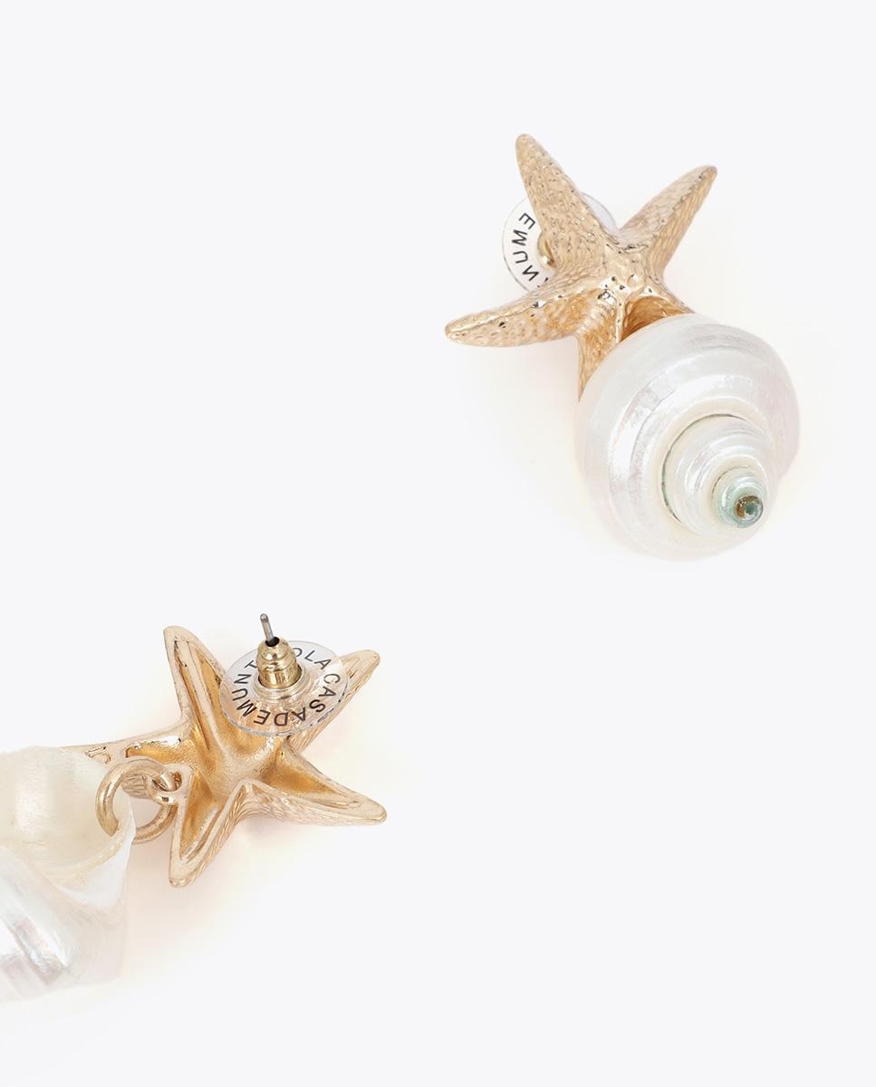 Brincos Grandes Combinados Maxi Estrela Metálica e Búzio Natural Branco-3