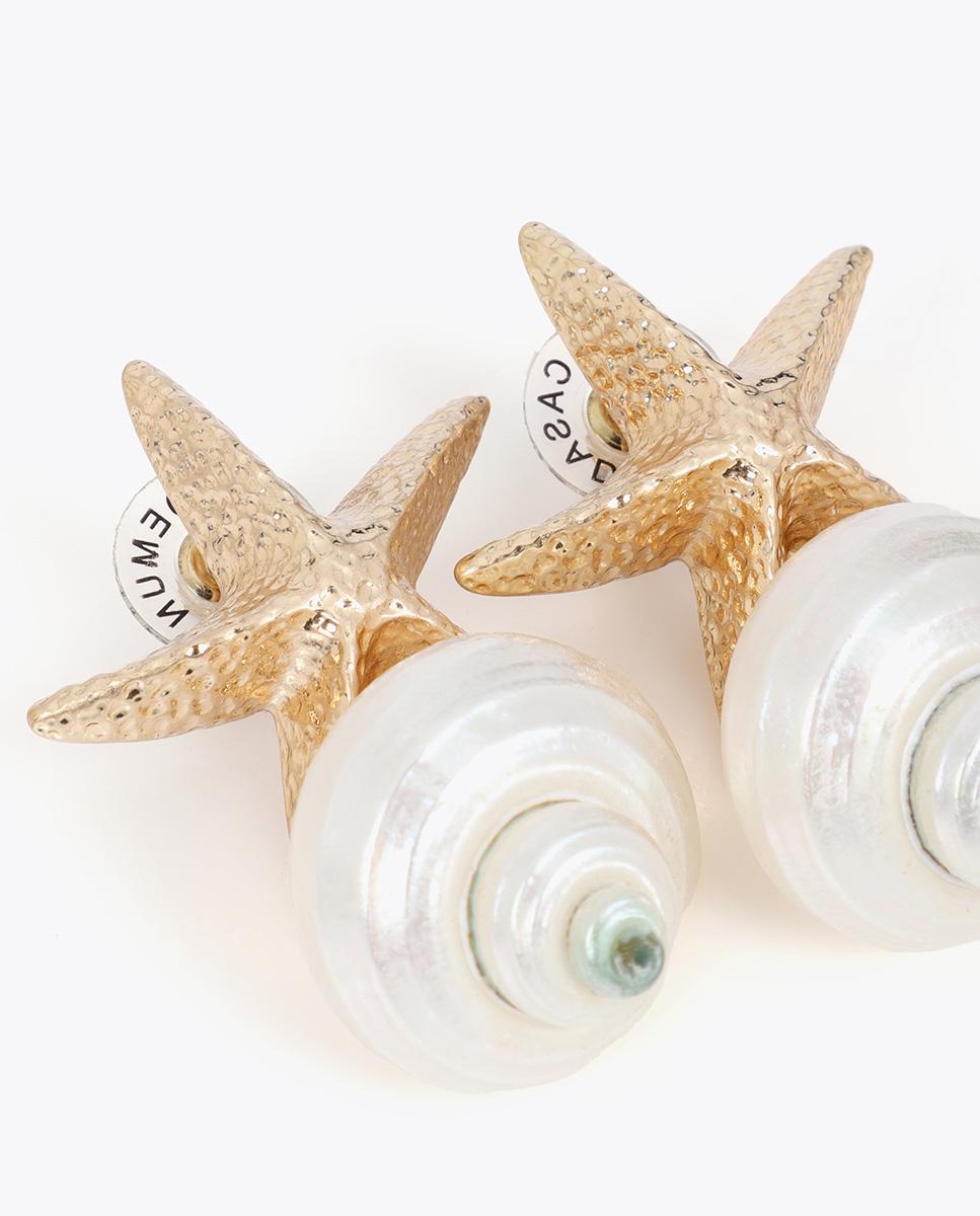 Brincos Grandes Combinados Maxi Estrela Metálica e Búzio Natural Branco-4
