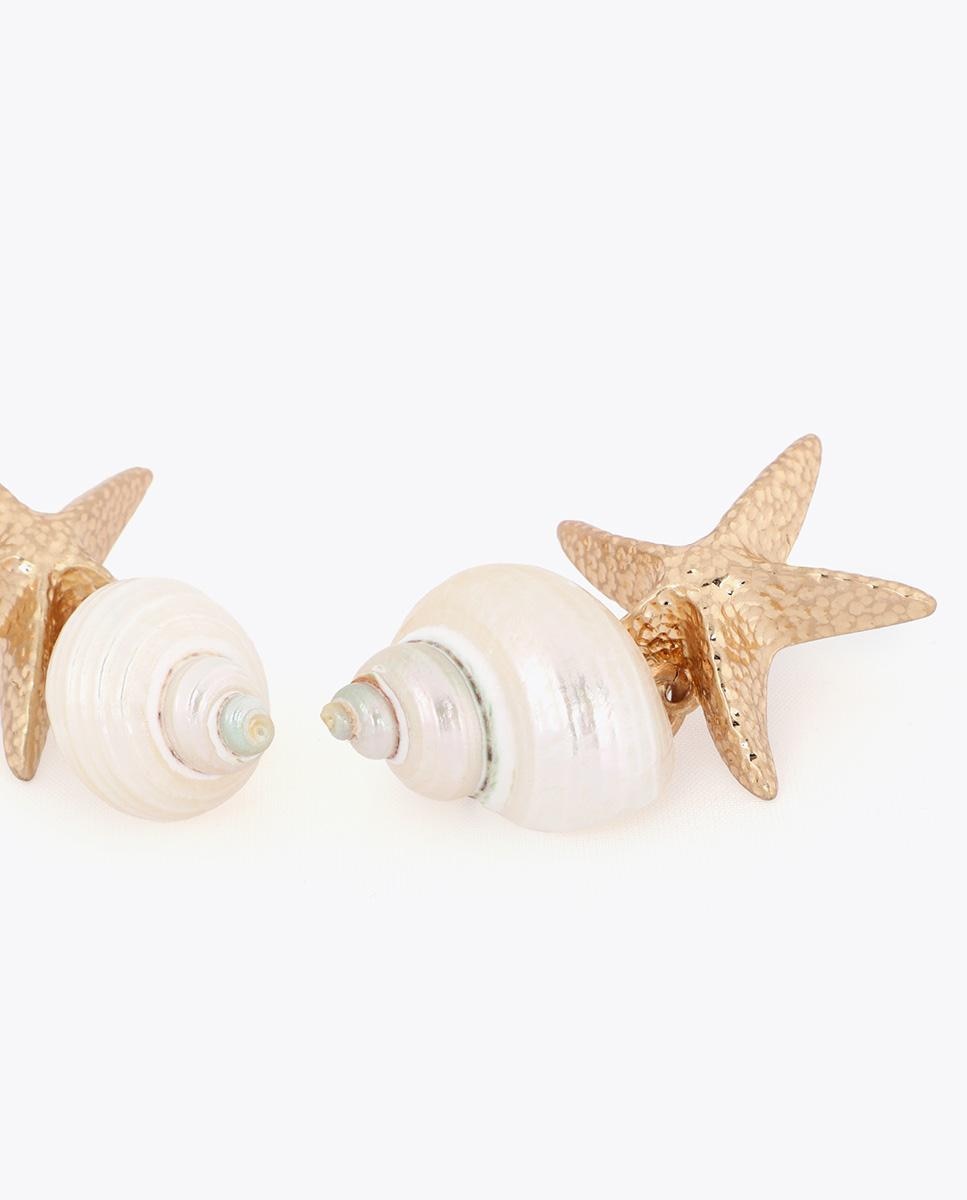 Brincos Grandes Combinados Maxi Estrela Metálica e Búzio Natural Branco-5
