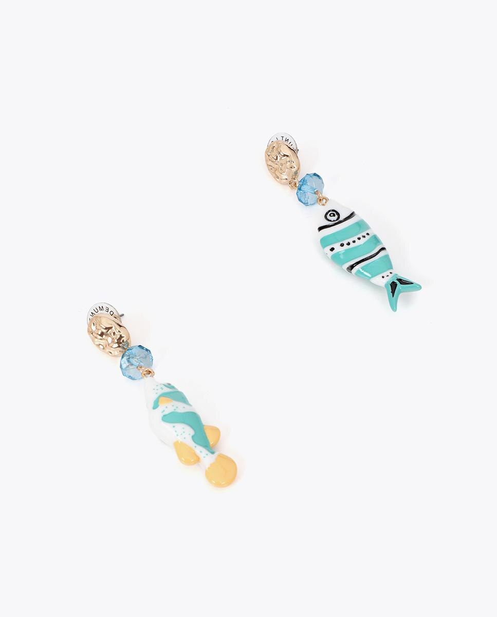Brincos Compridos Irregulares com Peixes Multicolor Turquesa-2