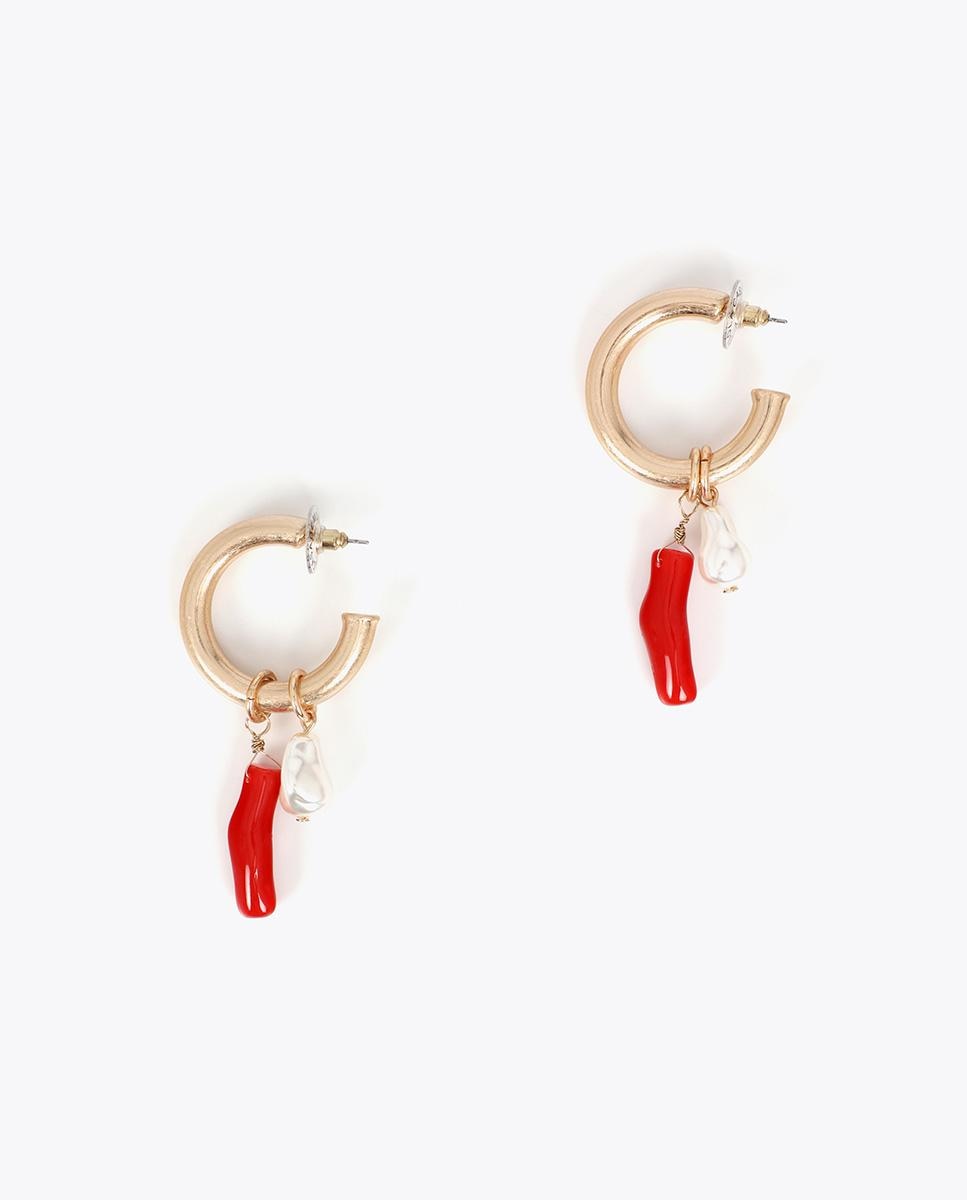 Brincos de Aro com Charms de Coral e Pérola Multicolor-2