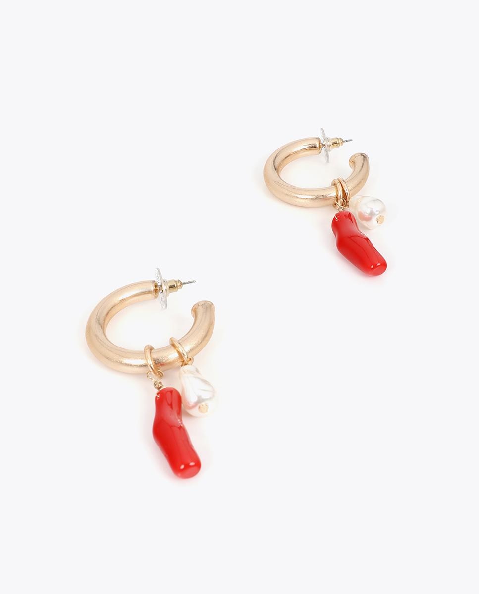 Brincos de Aro com Charms de Coral e Pérola Multicolor-3