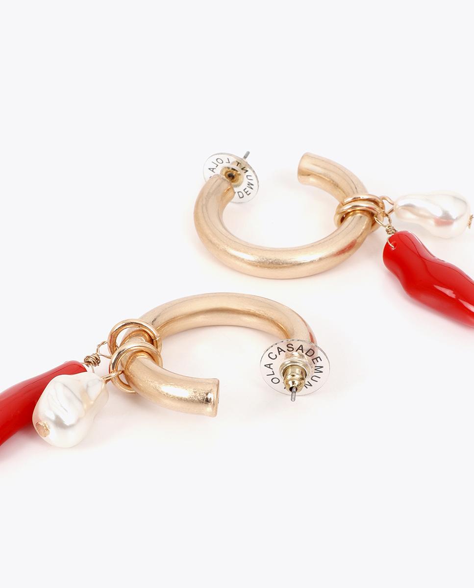Brincos de Aro com Charms de Coral e Pérola Multicolor-4