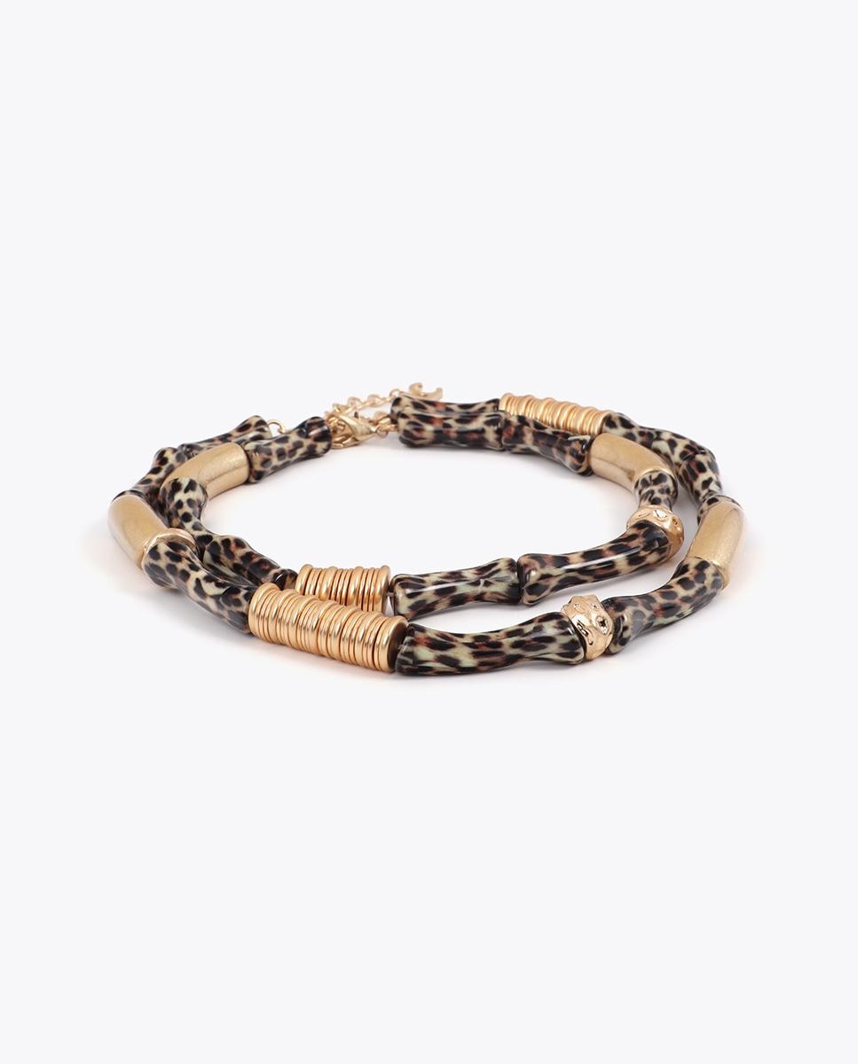 Pack de Dois Colares Combinados com Peças Metálicas Efeito Bambu Animal Print Castanho-2