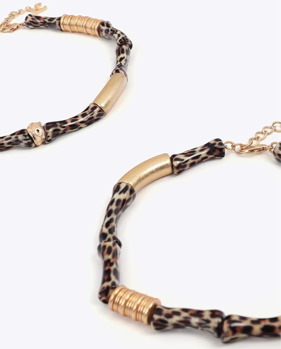 Pack de Dois Colares Combinados com Peças Metálicas Efeito Bambu Animal Print Castanho-4