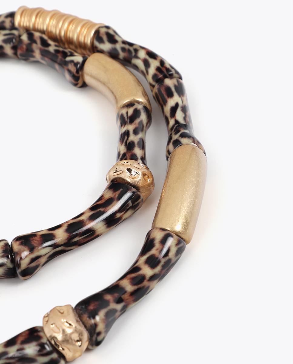 Pack de Dois Colares Combinados com Peças Metálicas Efeito Bambu Animal Print Castanho-5