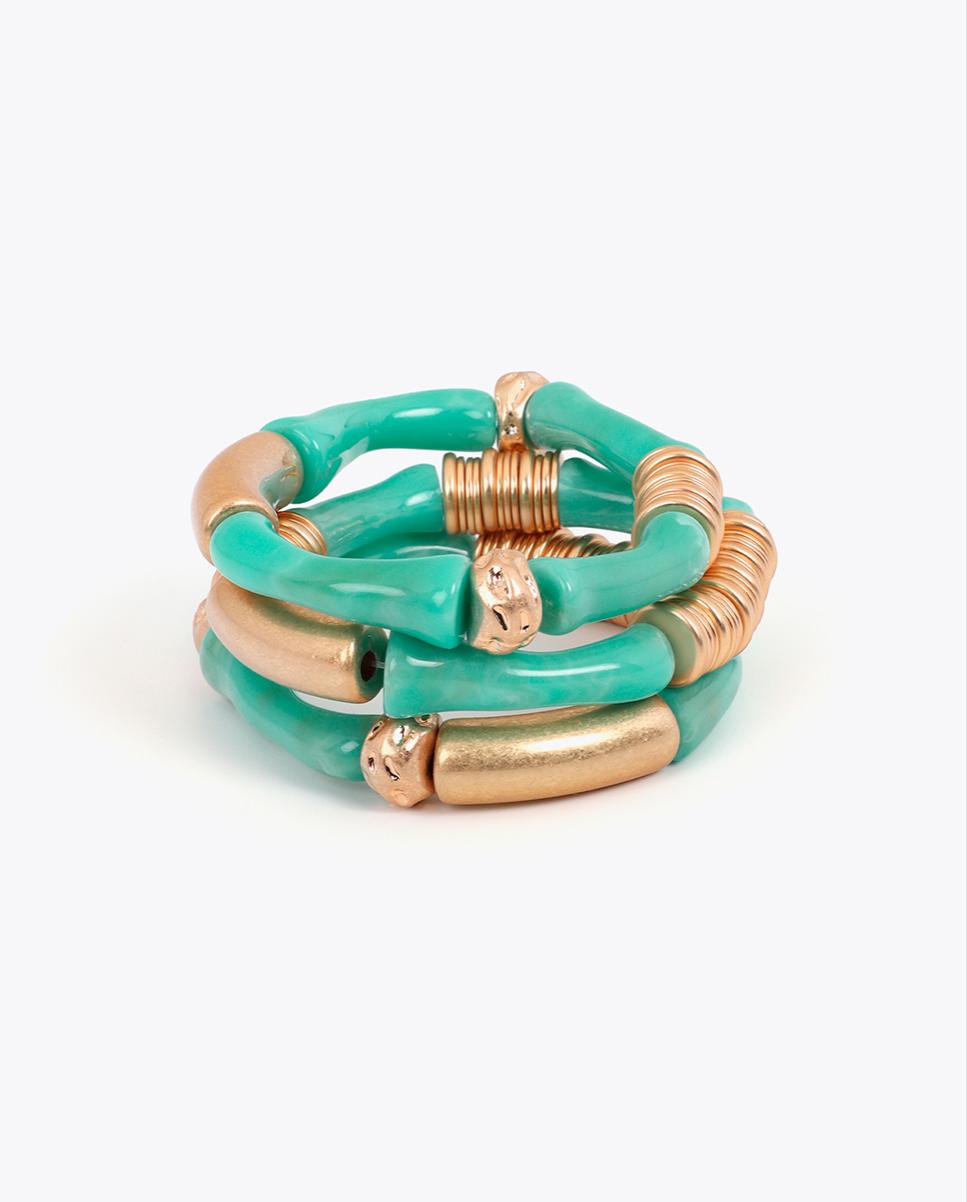 Pulseira com Charms Elástica com Peças Metálicas Efeito Bambu Turquesa-2