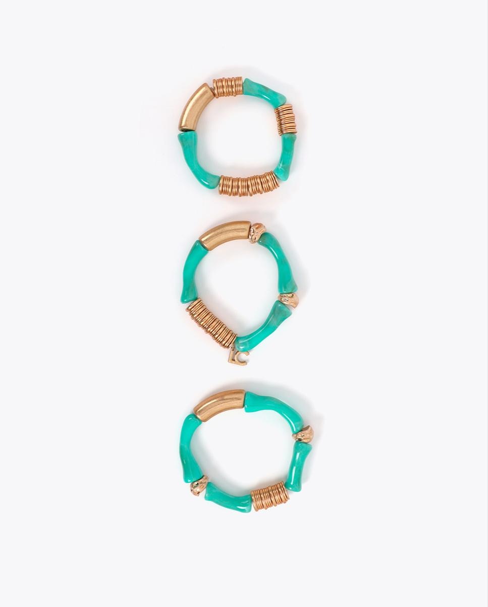 Pulseira com Charms Elástica com Peças Metálicas Efeito Bambu Turquesa-3
