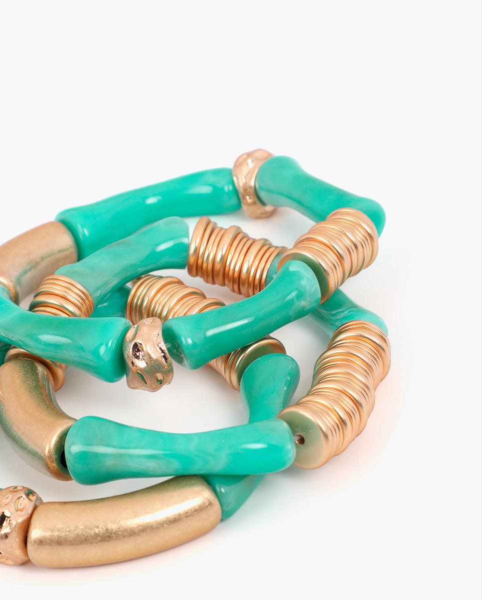 Pulseira com Charms Elástica com Peças Metálicas Efeito Bambu Turquesa-4