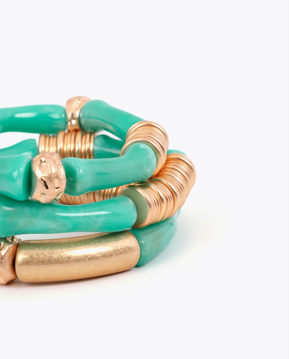 Pulseira com Charms Elástica com Peças Metálicas Efeito Bambu Turquesa-5