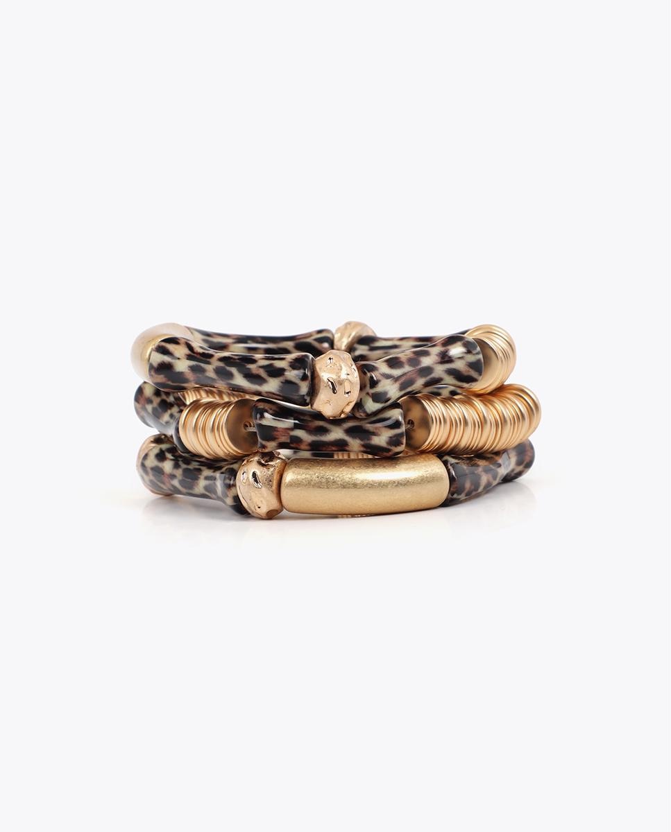 Pulseira com Charms Elástica com Peças Metálicas Efeito Bambu Animal Print Castanho-1