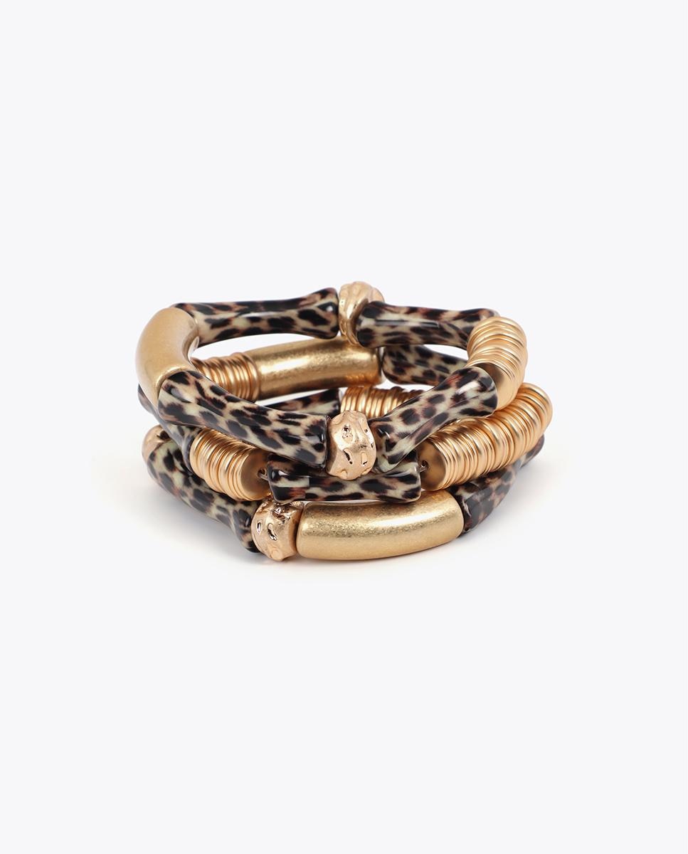 Pulseira com Charms Elástica com Peças Metálicas Efeito Bambu Animal Print Castanho-2