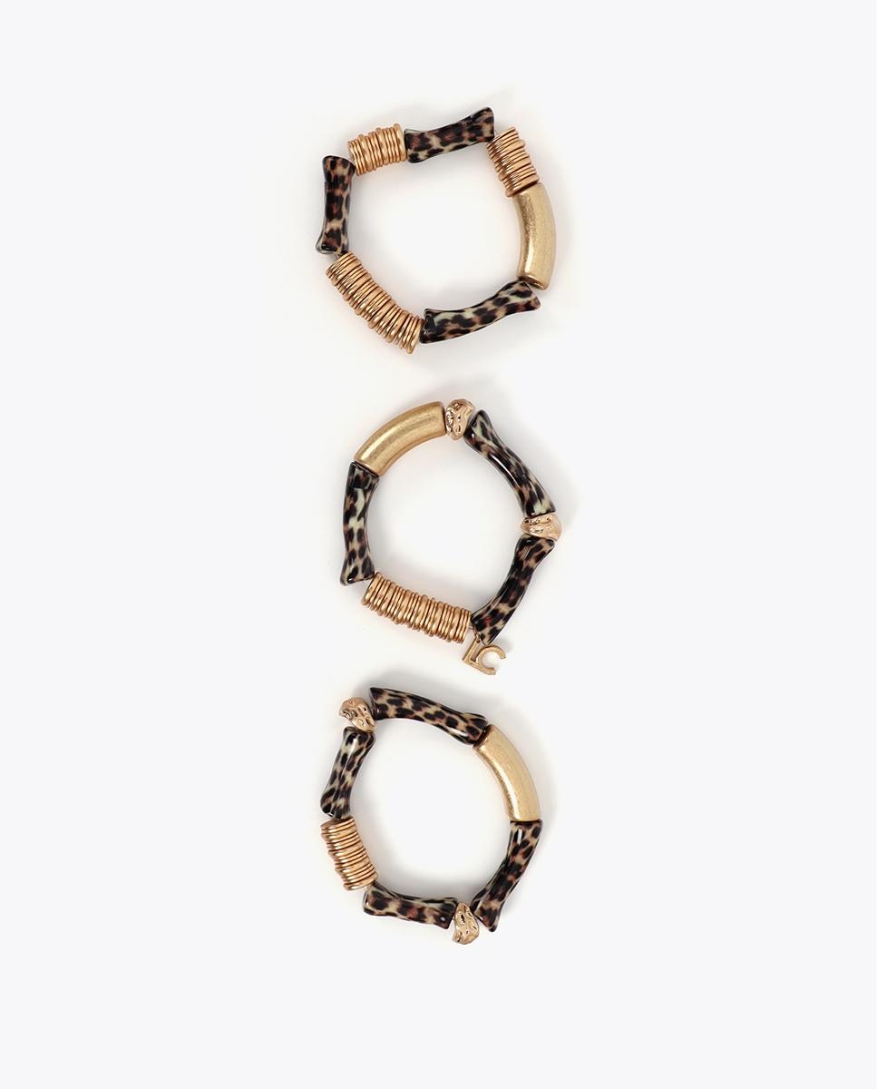 Pulseira com Charms Elástica com Peças Metálicas Efeito Bambu Animal Print Castanho-3