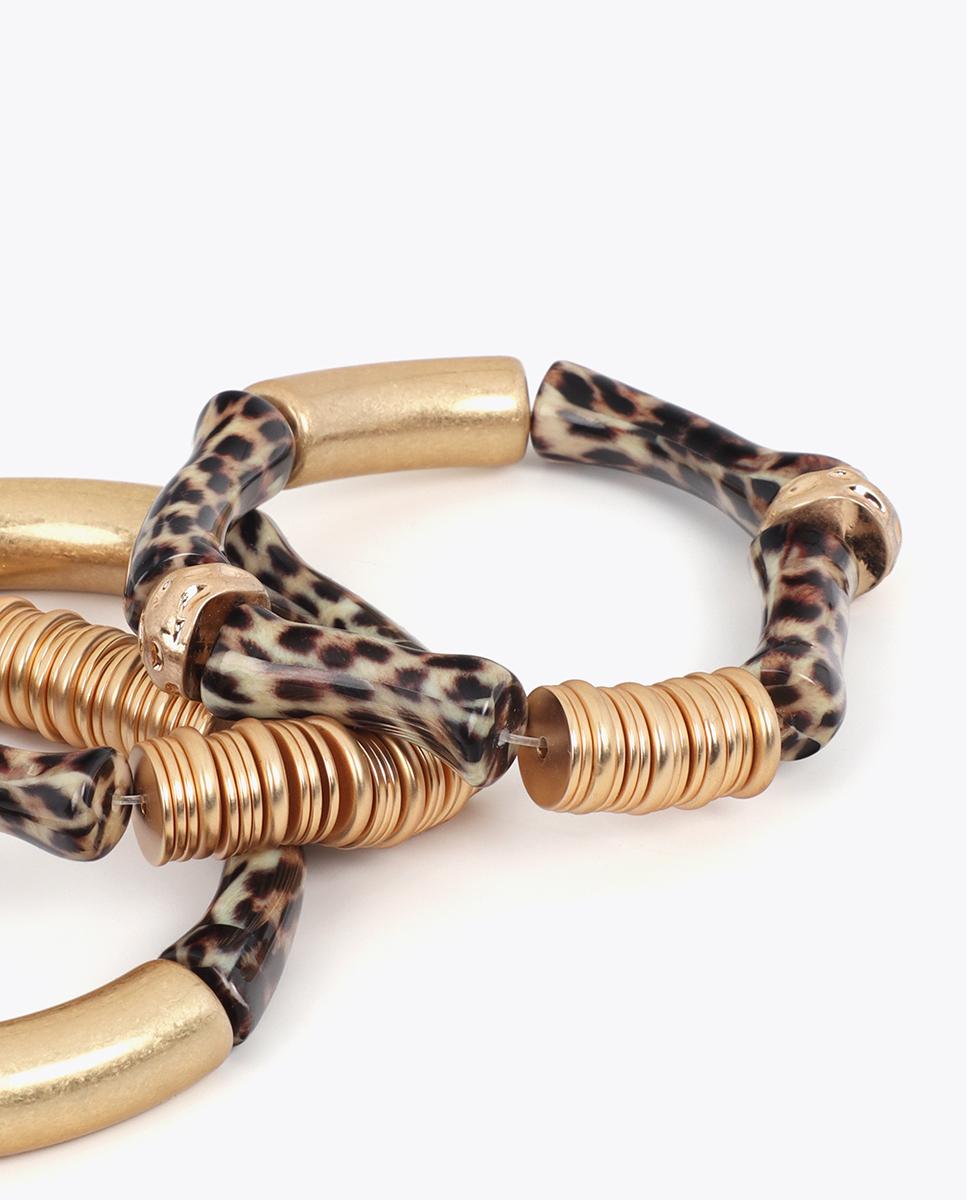 Pulseira com Charms Elástica com Peças Metálicas Efeito Bambu Animal Print Castanho-4