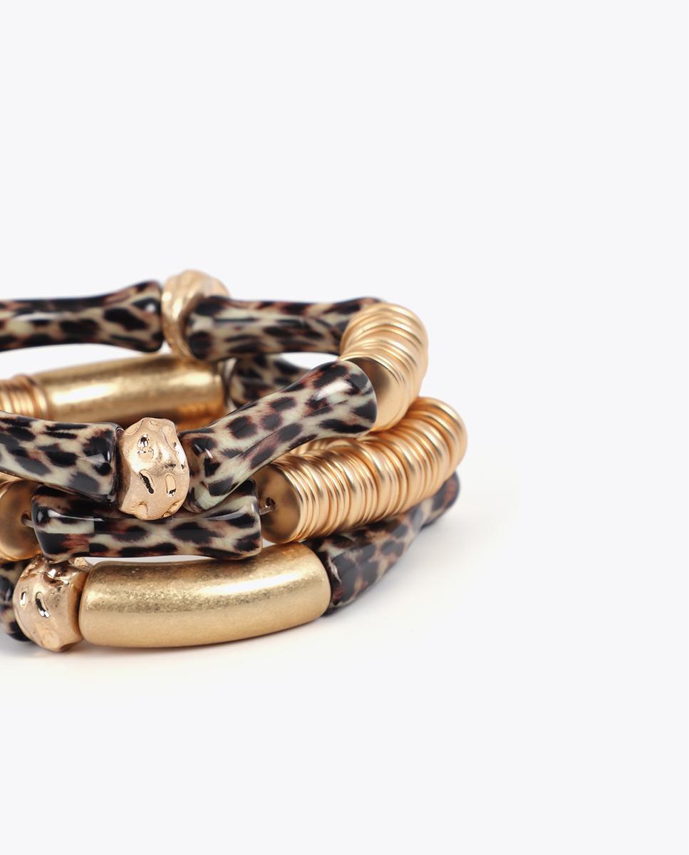 Pulseira com Charms Elástica com Peças Metálicas Efeito Bambu Animal Print Castanho-5