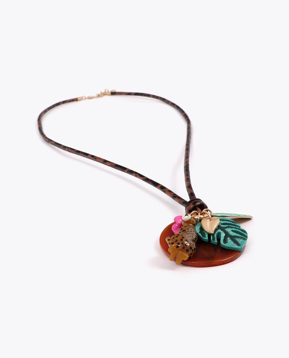Corrente com Pendentes Compridos com Cordão Animal Print e Charms Tropicais Multicolor-2
