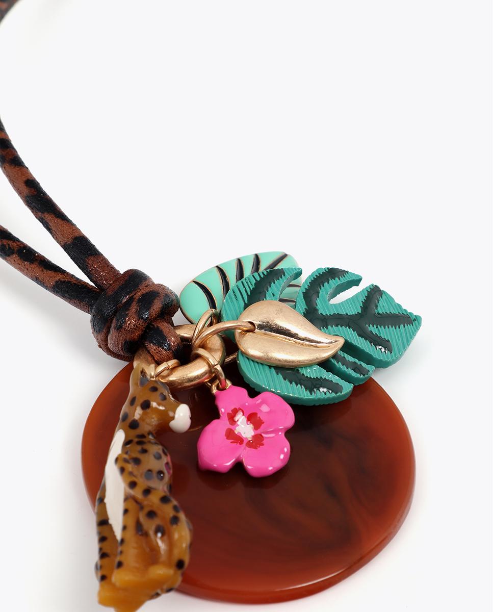 Corrente com Pendentes Compridos com Cordão Animal Print e Charms Tropicais Multicolor-3