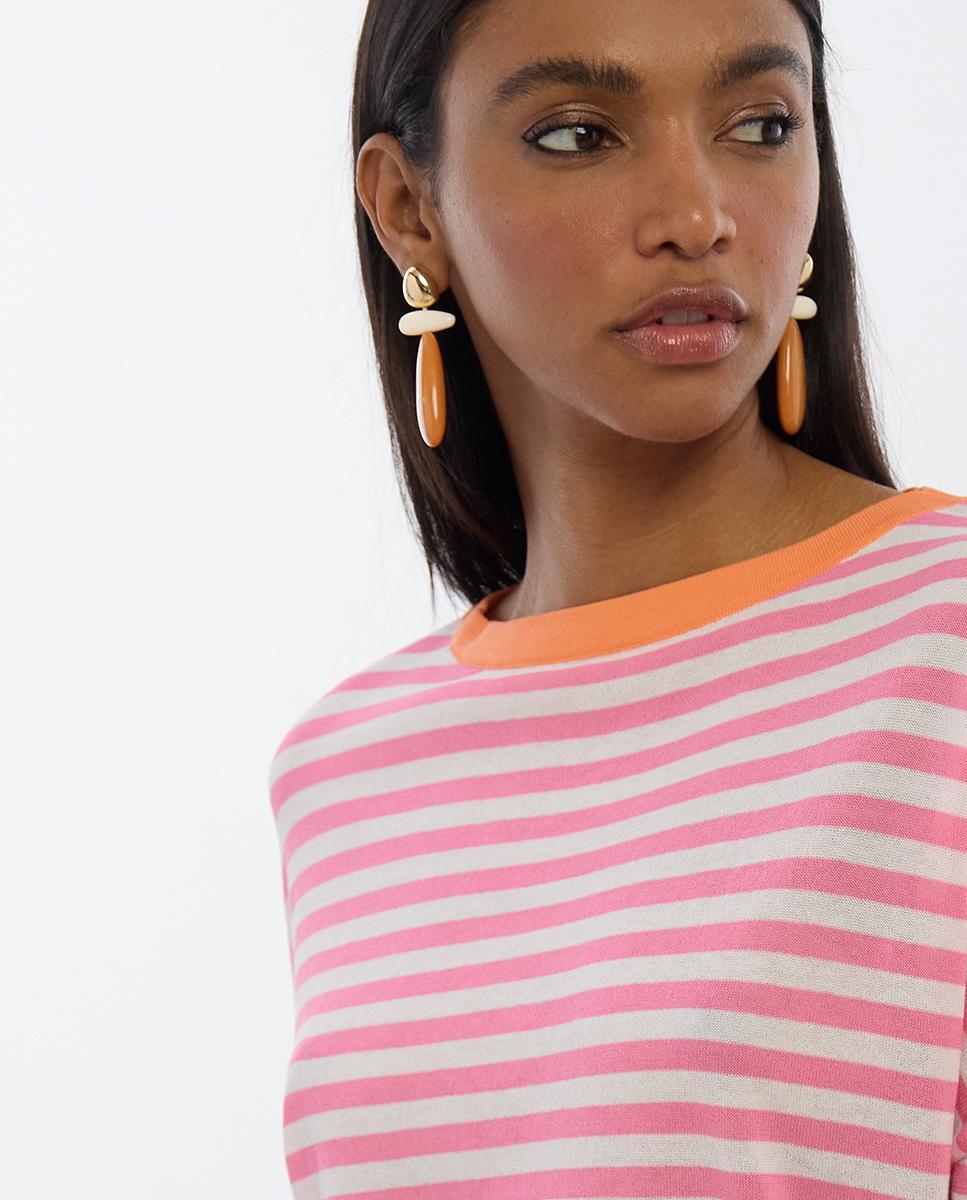 Camisola às Riscas com Manga 3/4 Rosa-2