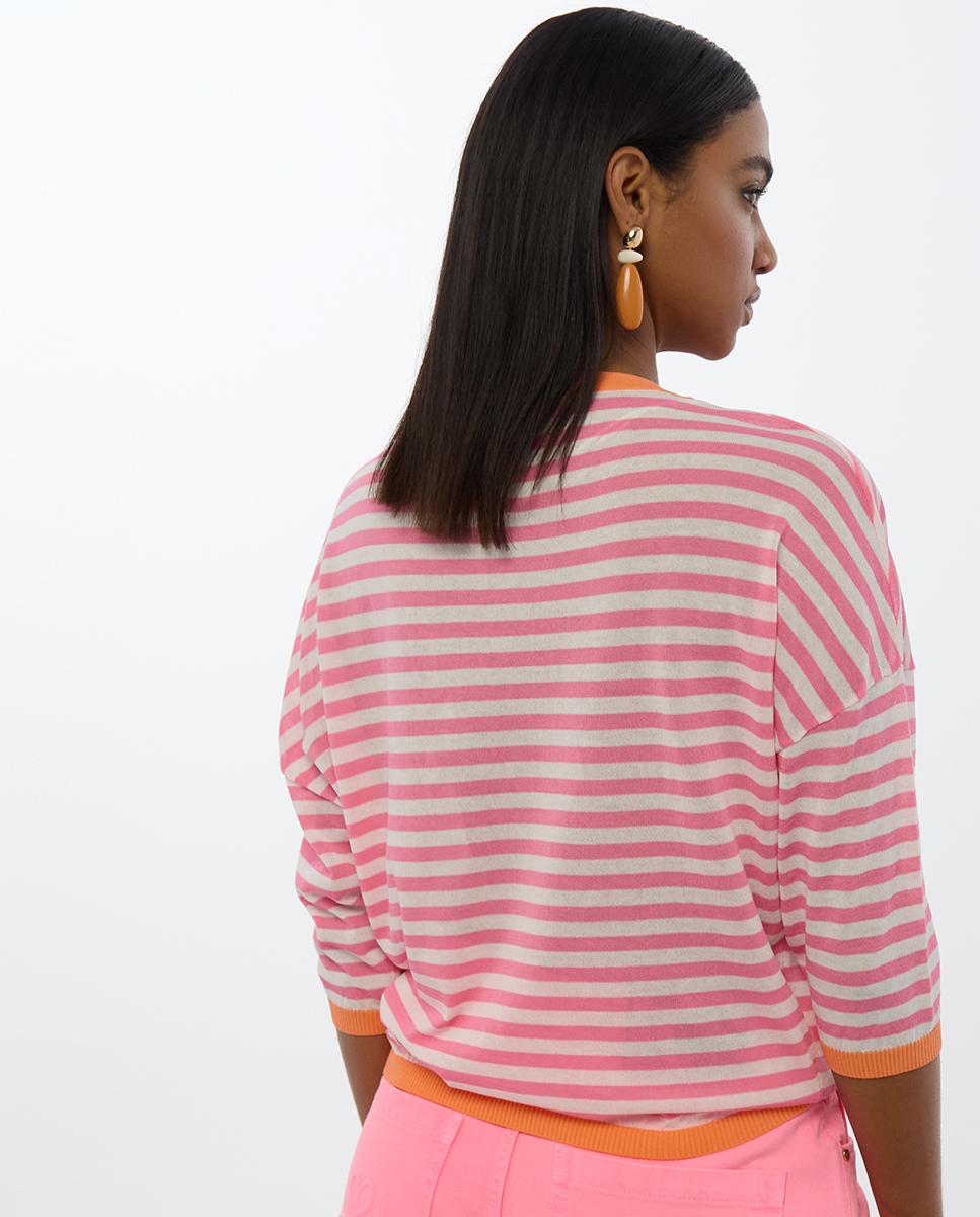 Camisola às Riscas com Manga 3/4 Rosa-3