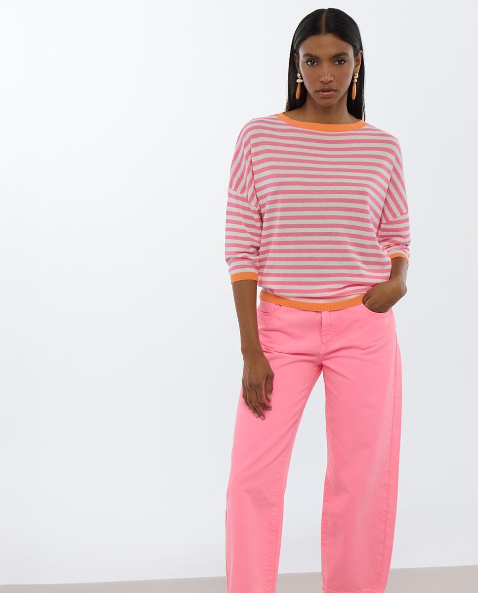 Camisola às Riscas com Manga 3/4 Rosa-4