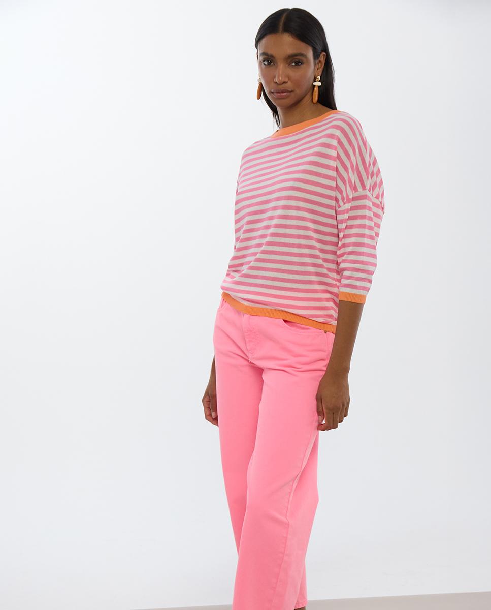 Camisola às Riscas com Manga 3/4 Rosa-5