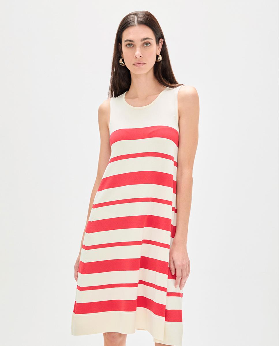 Vestido Curto Evasé às Riscas Irregulares Branco / Vermelho-2