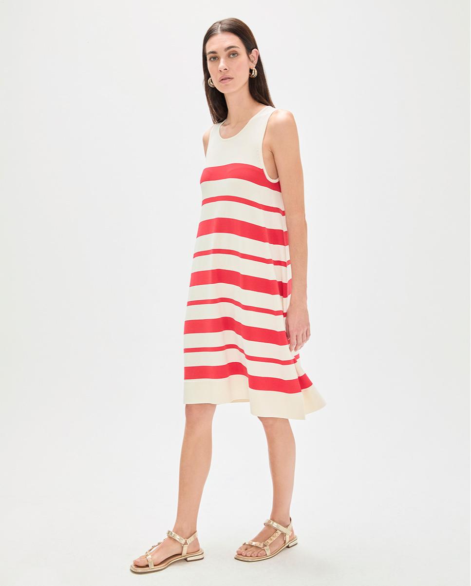 Vestido Curto Evasé às Riscas Irregulares Branco / Vermelho-3