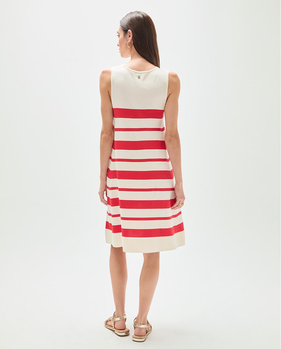 Vestido Curto Evasé às Riscas Irregulares Branco / Vermelho-4