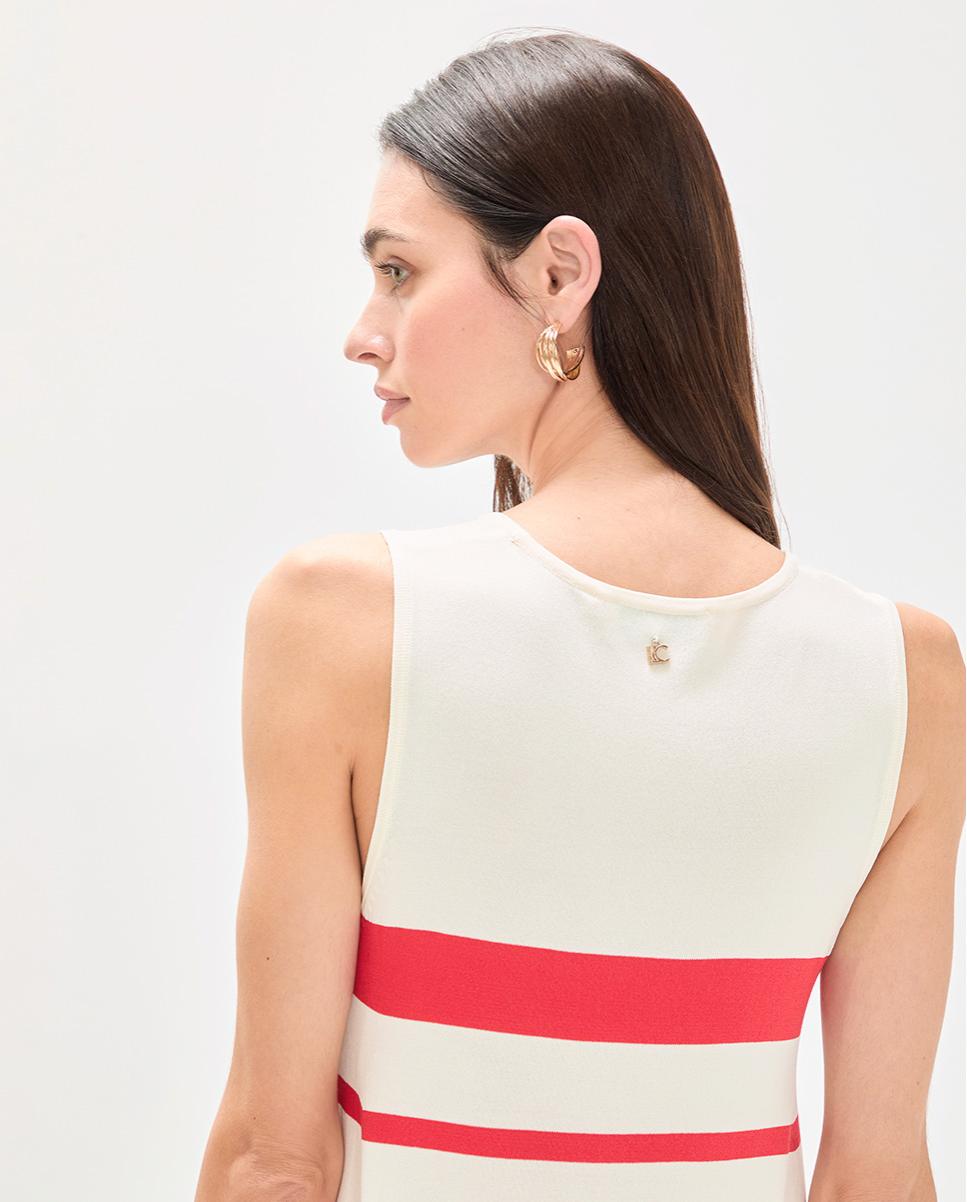 Vestido Curto Evasé às Riscas Irregulares Branco / Vermelho-5