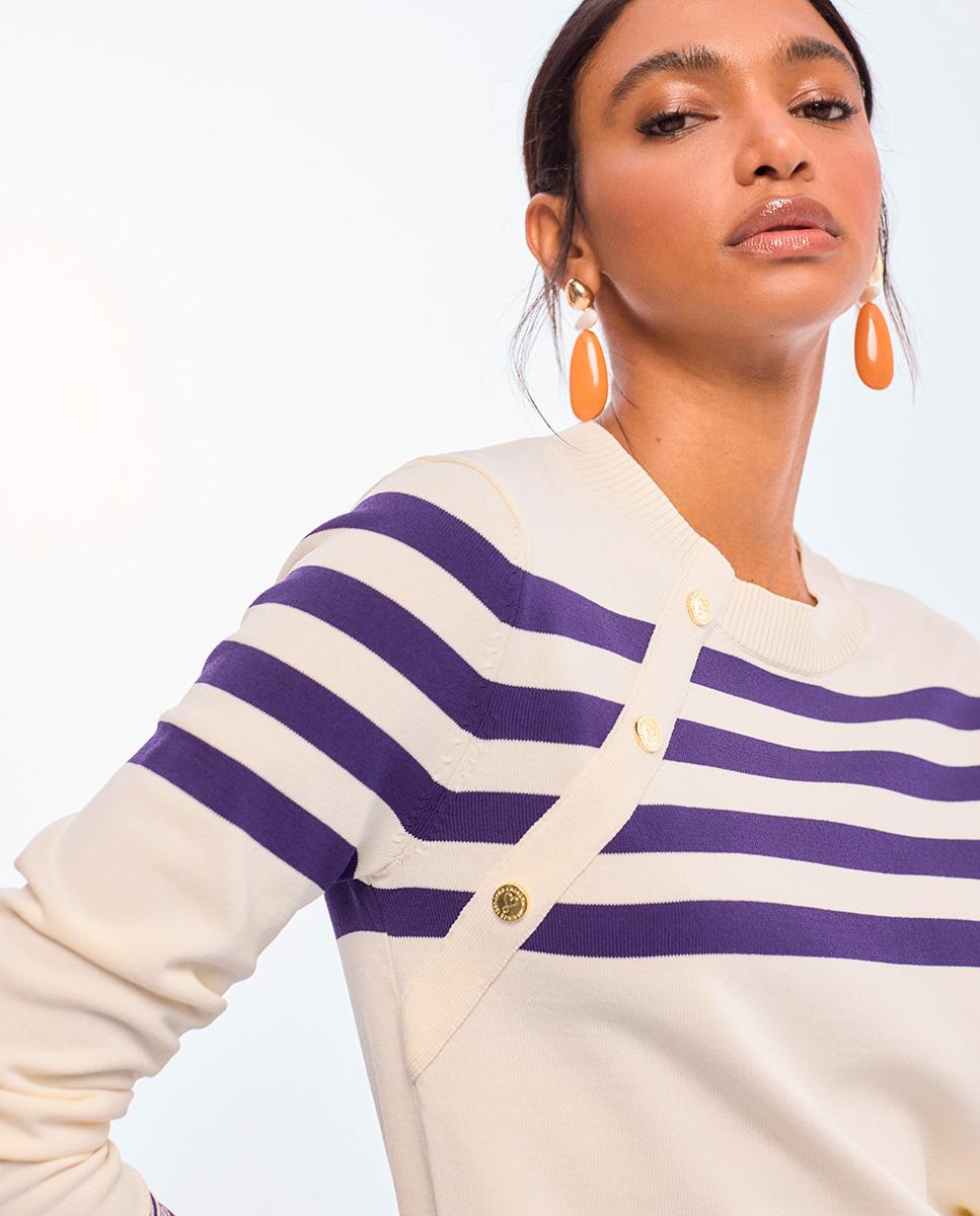 Camisola Marinheira com Botões Decorativos Branco / Azul-3