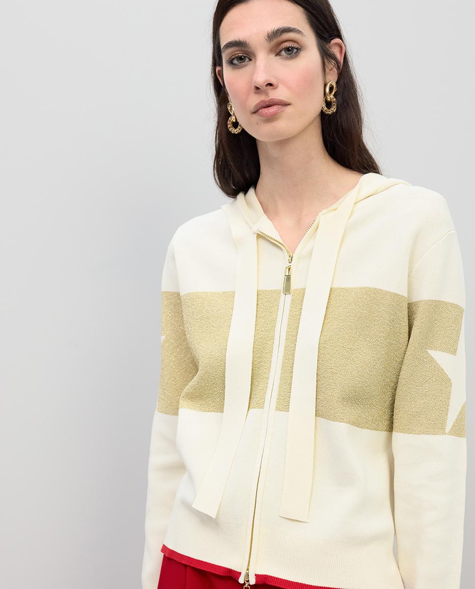 Sweatshirt com Fecho Zip e Capuz e Detalhes Lurex Cru-1