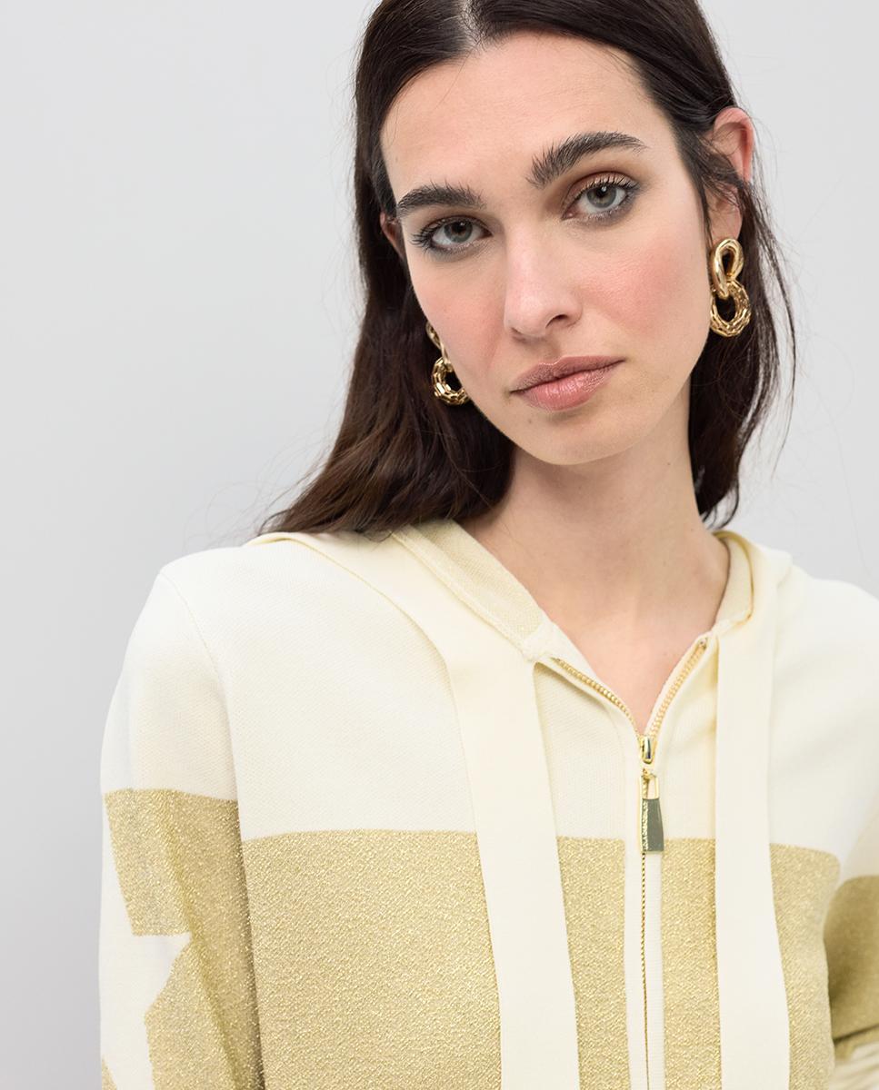 Sweatshirt com Fecho Zip e Capuz e Detalhes Lurex Cru-2