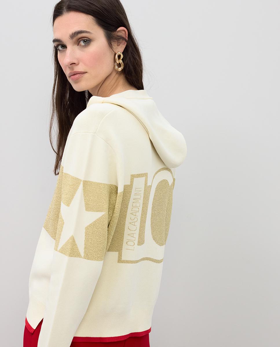 Sweatshirt com Fecho Zip e Capuz e Detalhes Lurex Cru-3