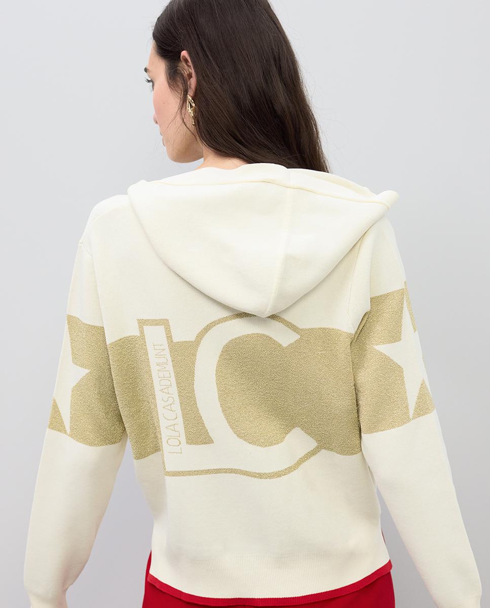 Sweatshirt com Fecho Zip e Capuz e Detalhes Lurex Cru-4
