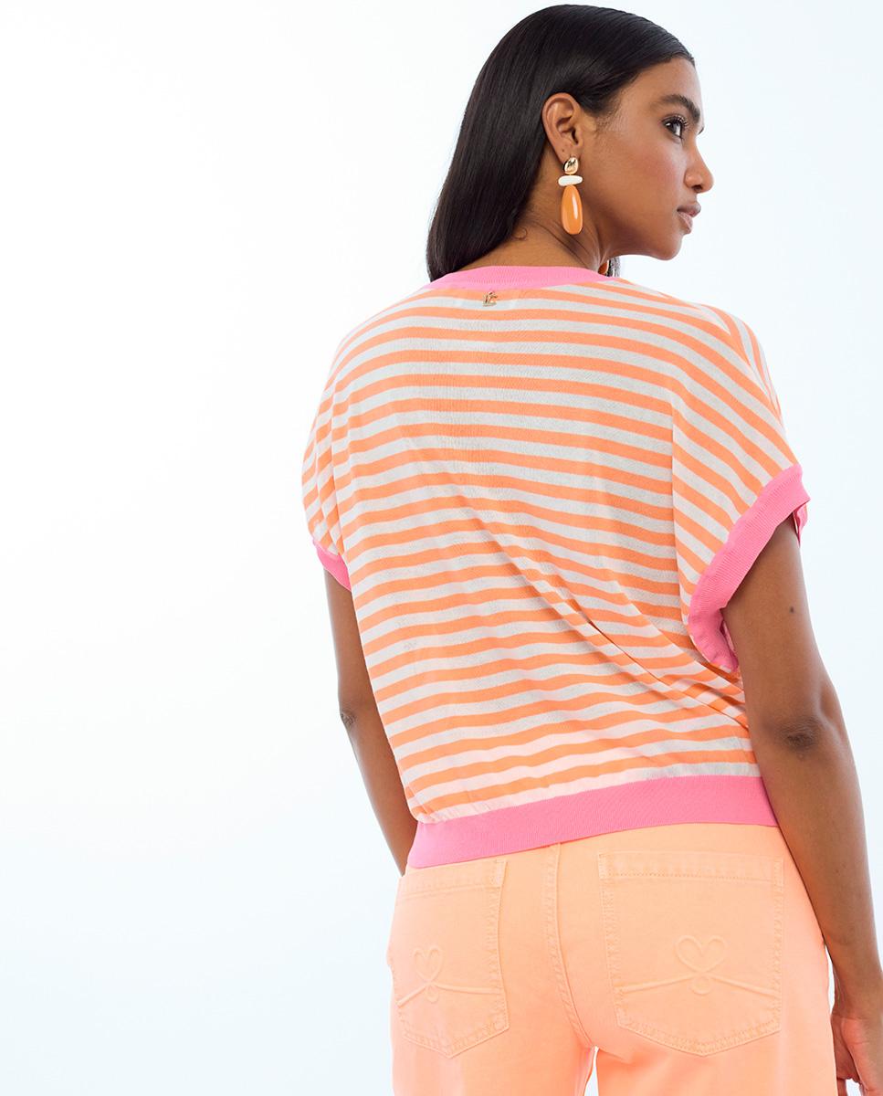 Camisola às Riscas com Manga Curta Pêssego-2