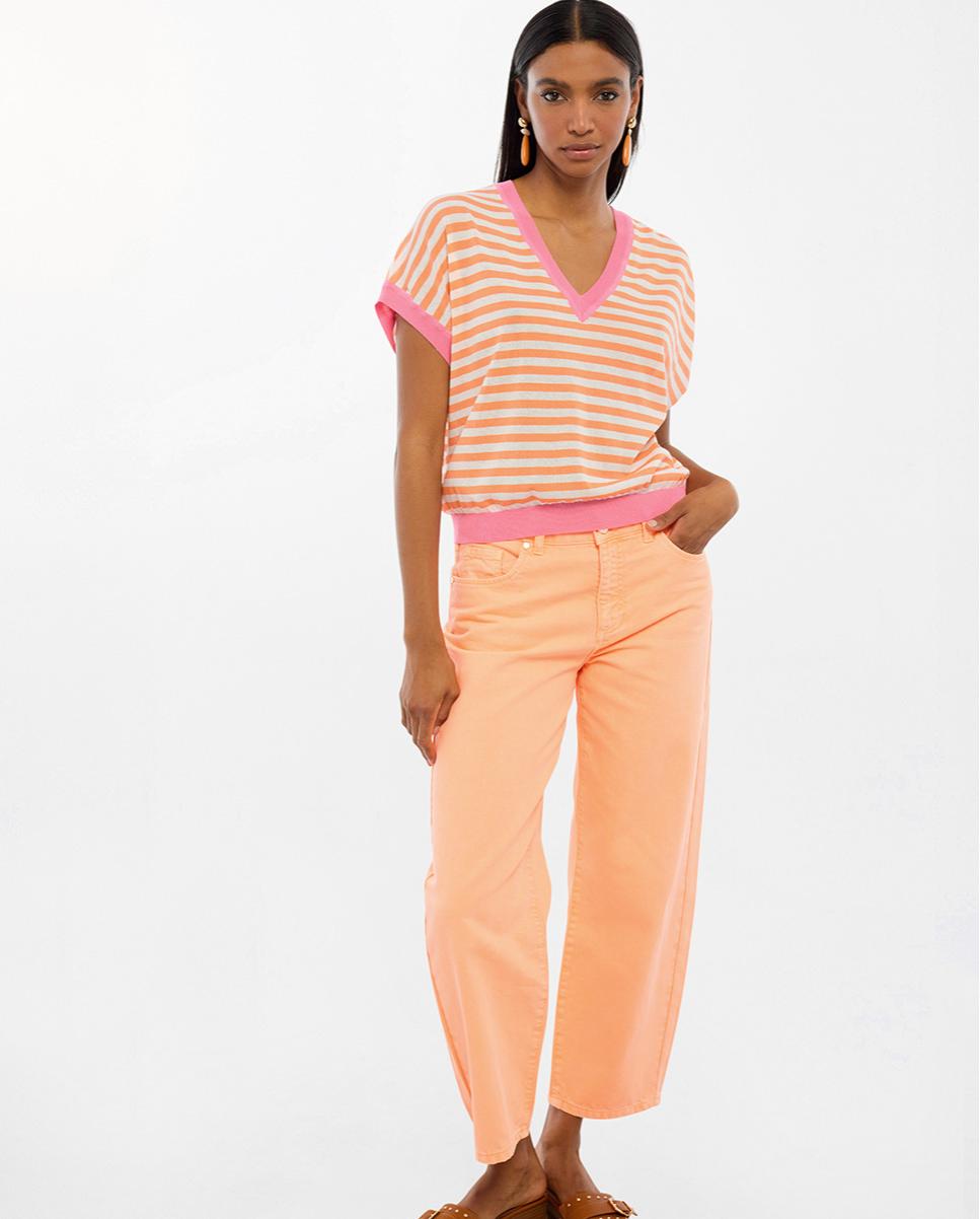 Camisola às Riscas com Manga Curta Pêssego-3