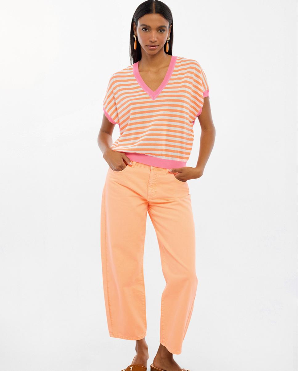 Camisola às Riscas com Manga Curta Pêssego-4