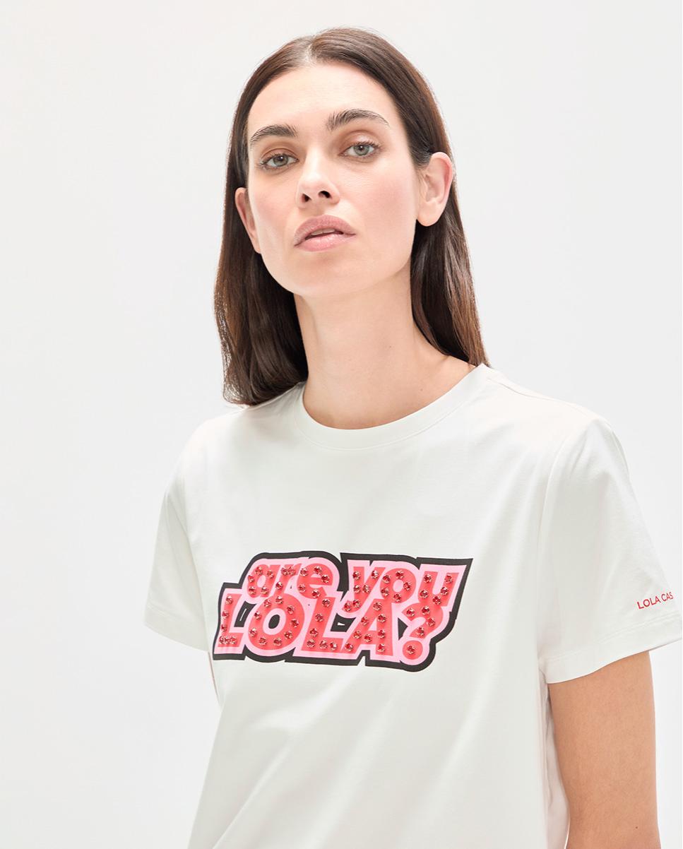 T-shirt com Mensagem Frontal de Pedraria Branco-2
