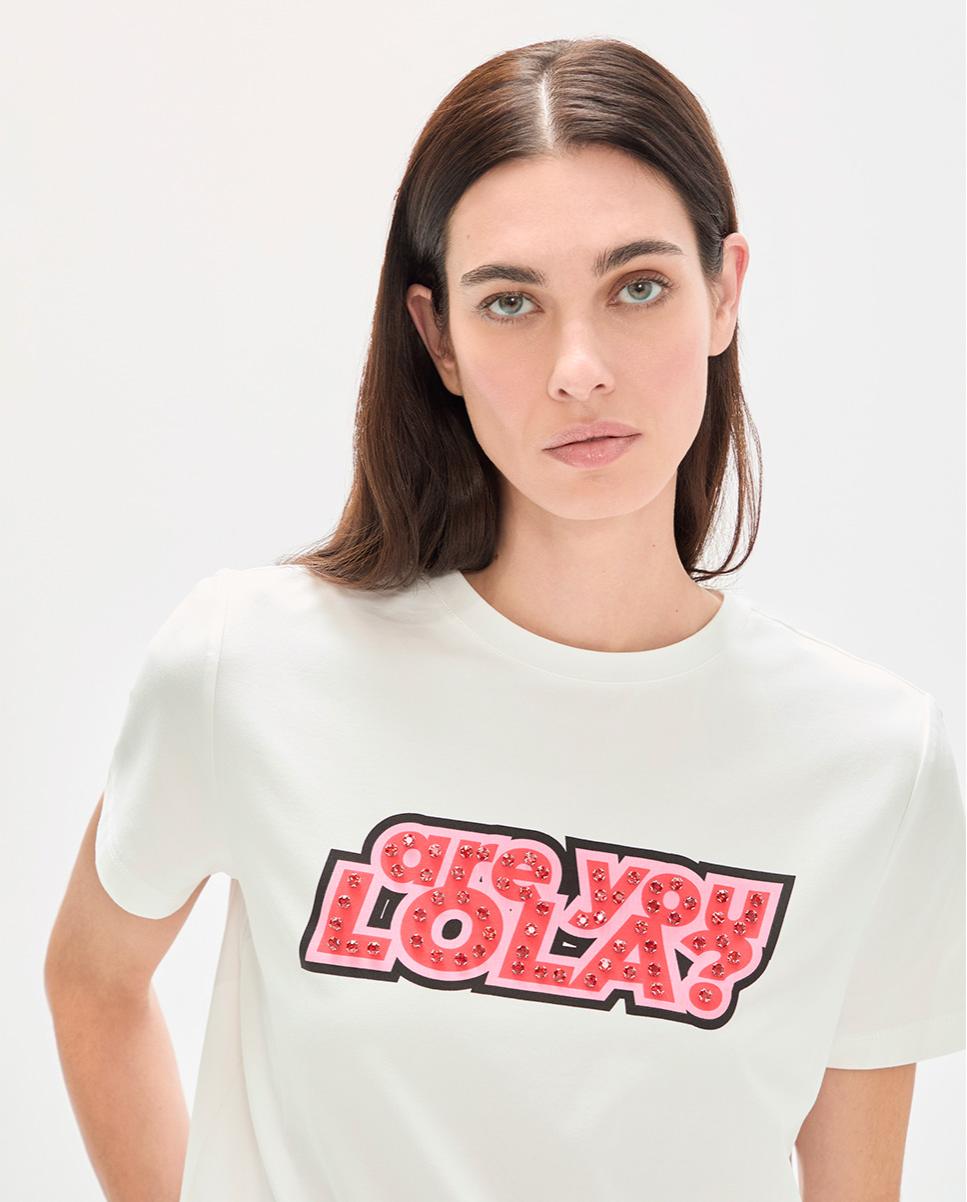 T-shirt com Mensagem Frontal de Pedraria Branco-3